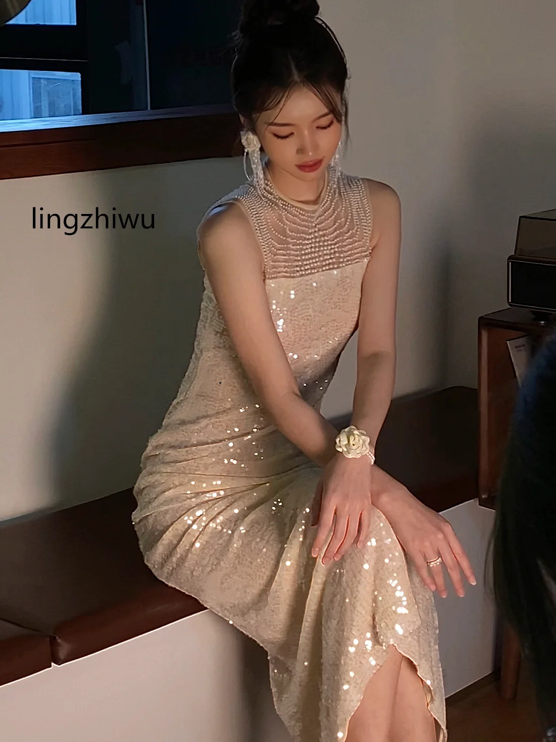 lingzhiwu White Wedding Long Dress Sequins Shinny Pearls Formal Dresses Top Quality Birthday Party Vestidos New Arrival