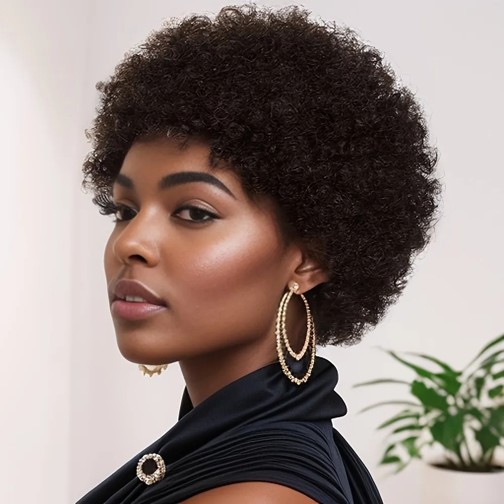 

6inch 150% density short afro curly pixie cut black brown color machine made human hair wigs for women daily use remy wig