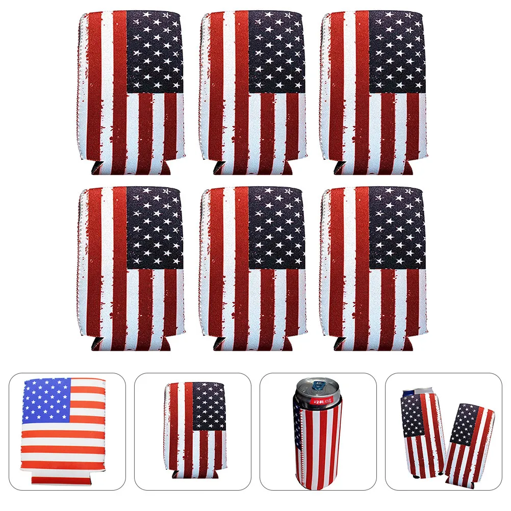 

6Pcs Us Flag Can Cooler Sleeves Neoprene Beer Bottle Cover Temperature Control Foldable Washable Party Decoration Cooler Sleeve