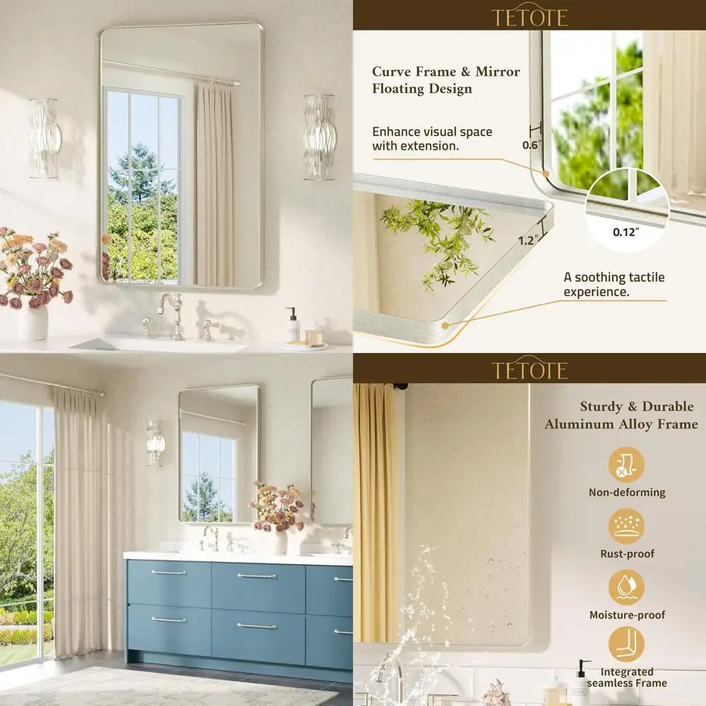 Espejo de tocador con estructura de metal de 24 x 36, níquel cepillado, vidrio templado, estilo de granja moderno para decoración de baño