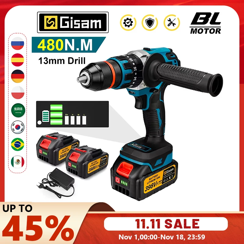 13mm 480N.M 브러시리스 전동 임팩트 드릴 무선 드릴 전동 드라이버 DIY 드라이버 파워툴 (마키타 18V 배터리 호환)
