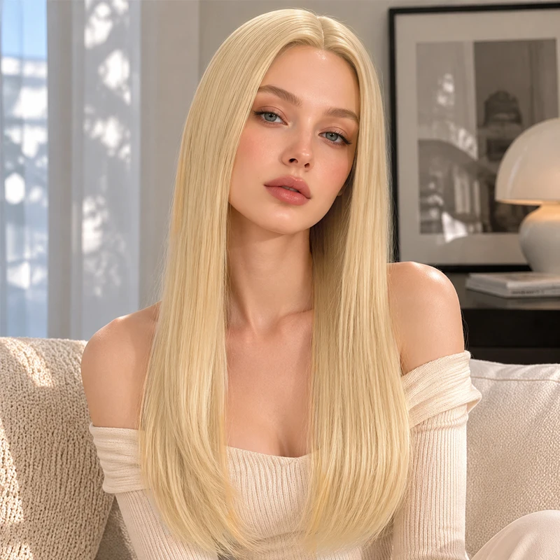 28-inch long straight blonde synthetic wig, smooth with a center part, perfect for everyday stylish looks.