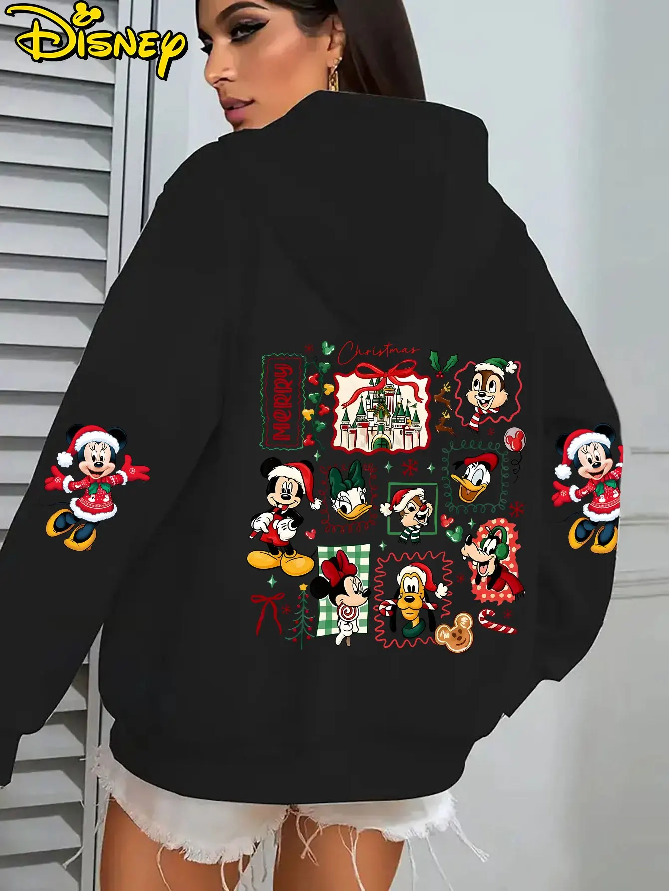 ディズニー レディ ミッキーマウスとドナルドダック クリスマスキャッスル フード付きジャケット - オールスター漫画キャラクター ウィンタージャケット