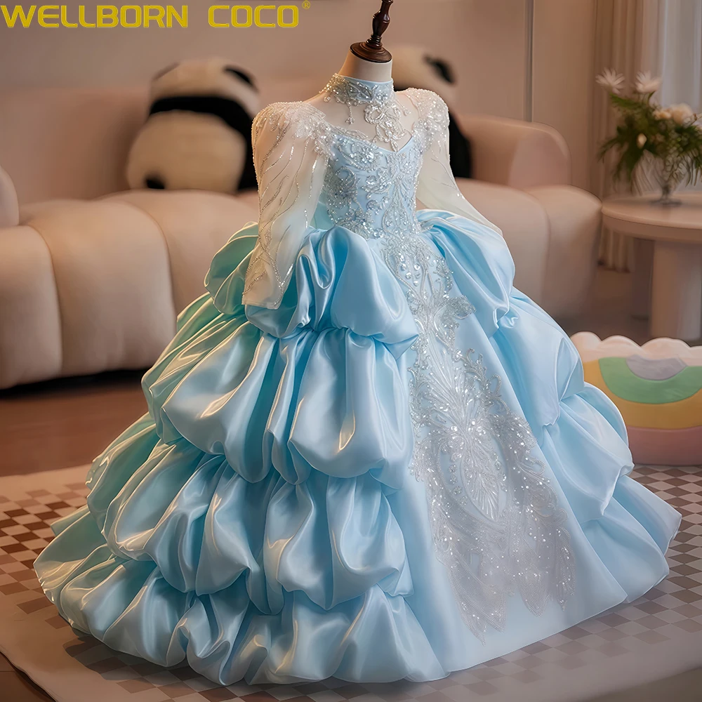 Abiti da ragazza di fiore blu per applicazioni di nozze Splendido bambino Eventi formali Abito da festa da sera Abito da compleanno principessa di lusso