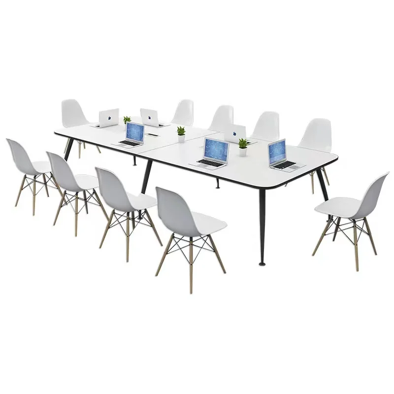 Customized high-end modern pure white wood retractable multi-functional conference table, suitable for 12-person meetings