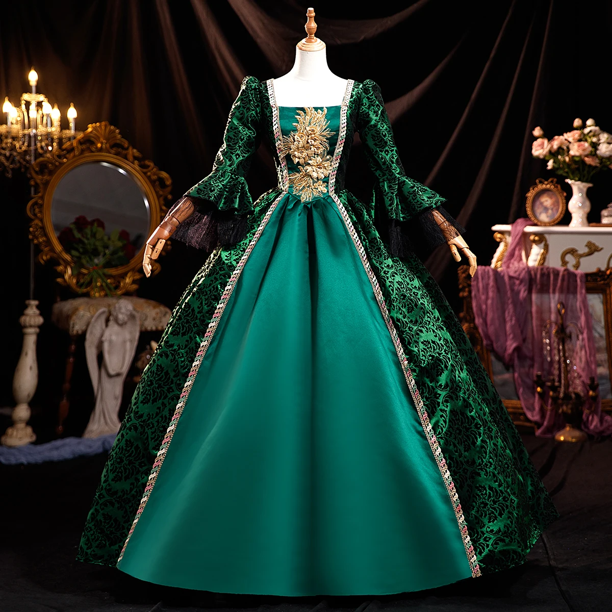 green victorian corset dress Corset-style Formal Gown 3-Piece Women's Medieval Renaissance Cosplay Over – Masquerade Formal Gown, Wedding Guest Dress With Accessories historical victorian evening gown