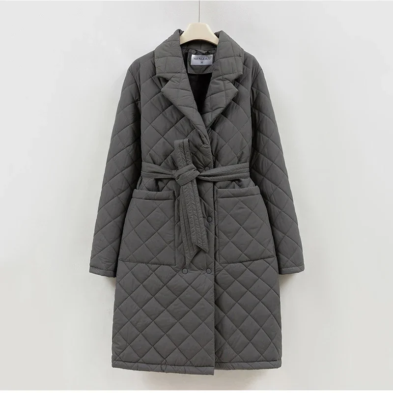 Parka longue en duvet avec ceinture pour femme, veste matelassurera, manteau épais rembourré en coton, vêtements d'extérieur chauds pour femme, hiver