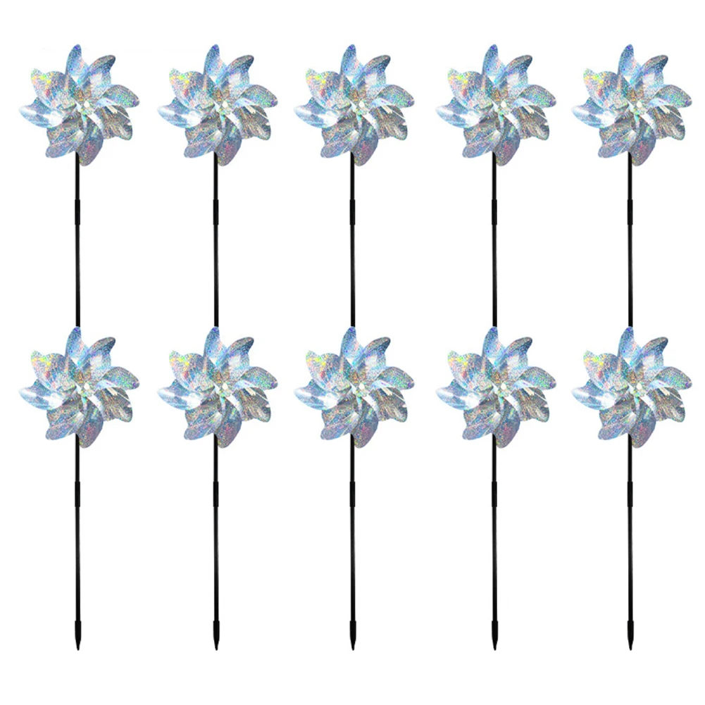 Set of 10 reflective shiny windmills for gardens and farms designed to deter birds and enhance outdoor spaces with movement