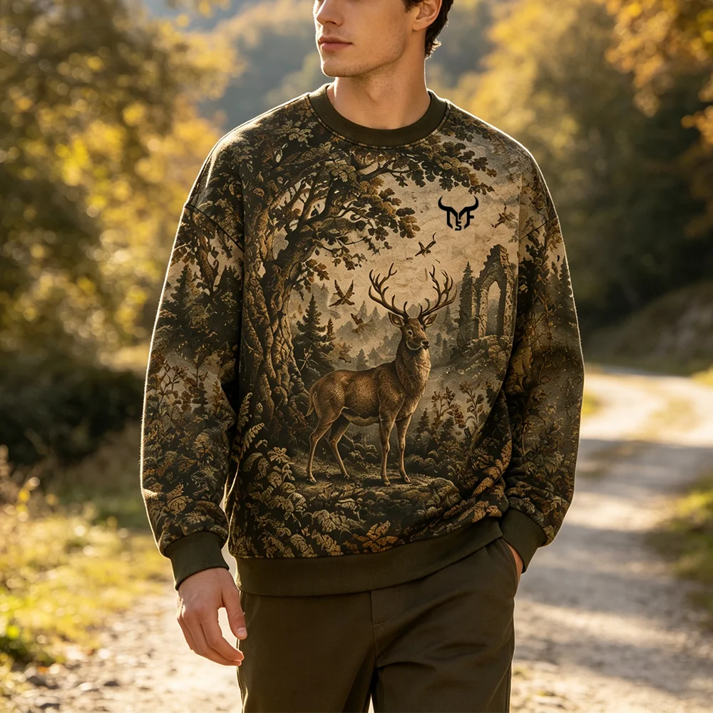 Vintage Forest Deer Graphic Sweatshirt Autumn Crew Neck Long Sleeve Pullover Tops Outdoor Camping Daily Loose Casual Clothing