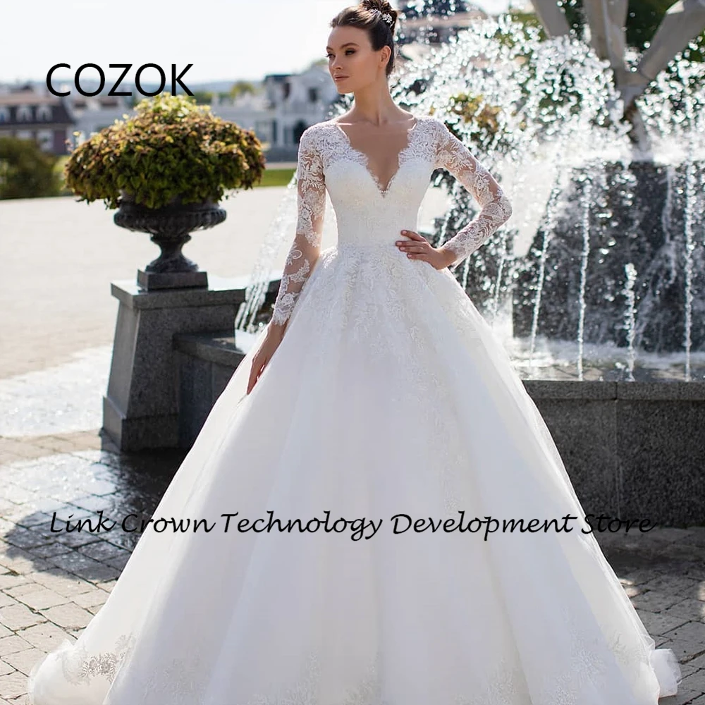 

COZOK Strapless Wedding Dresses Ivory 2024 A Line Full Sleeve Gorgeous Bridal Gowns for Women Summer New Lace Vestidos De Novia