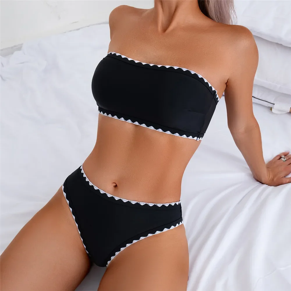 

Bandeau Black Bikini Contrast Edge Swimwear Sexy Swimsuit Women 2025 Strapless High Cut Bathing Suit High Waisted Bikinis Sets