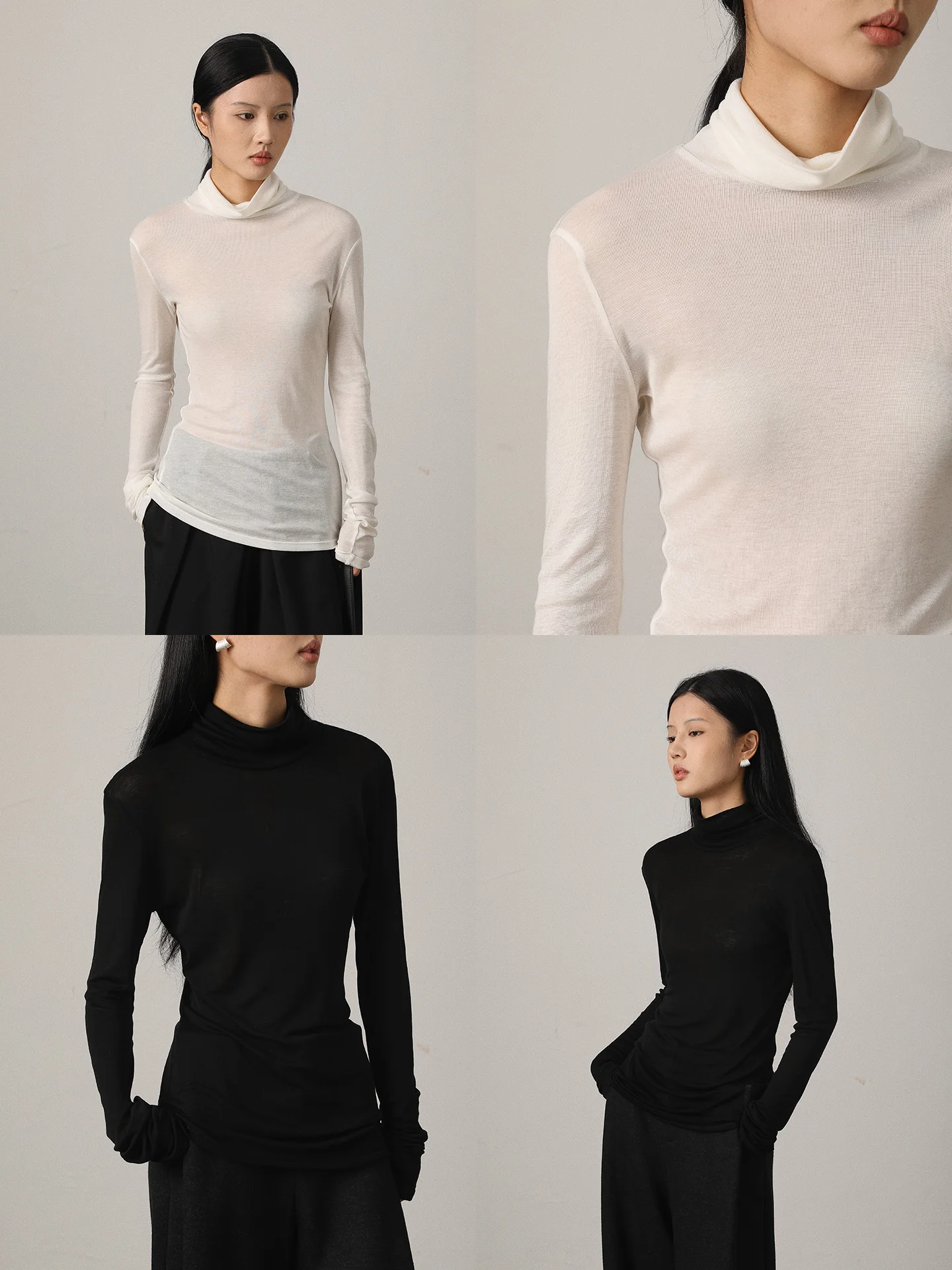 

Женский премиальный дышащий базовый слой Vimore: шелковисто-шерстяной топ с высоким воротником и удлиненным рукавом