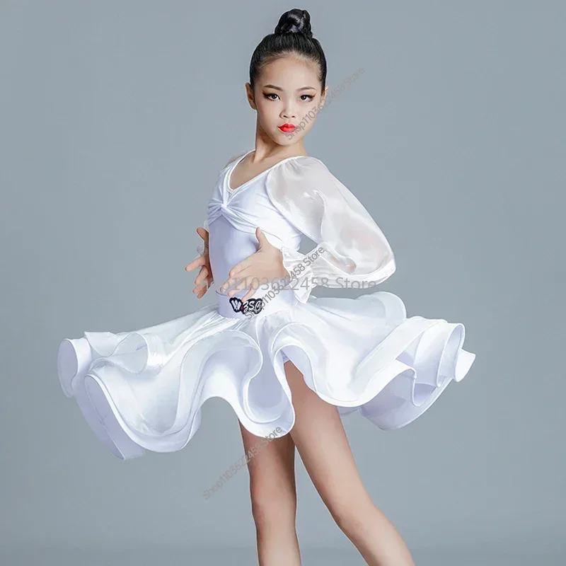 White Tango Samba Rumba Latin Dance Dress Girls Latin Ballroom Dance Competition Dresses Kids Dancing Clothes Practice Wear