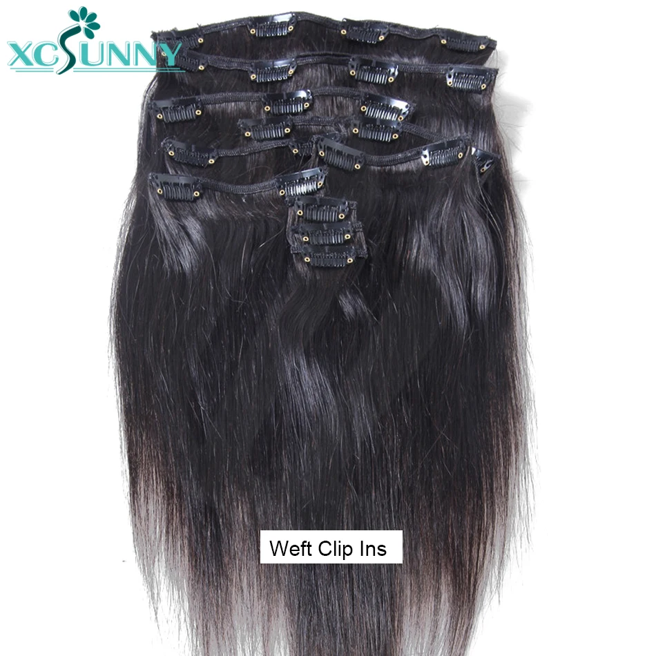 Extensiones de cabello humano con Clip de PU para mujer negra, extensiones de cabello liso de trama birmana, 3 juegos para una cabeza completa