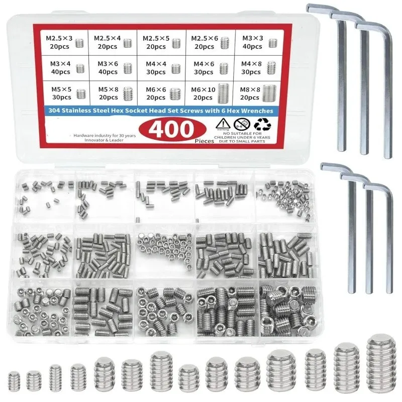 400Pcs Stainless Steel Hex Socket Set Screws Kit M2.5-M8 Allen Grub Screws with 6 Hex Keys Industrial Hardware Fastener Assort