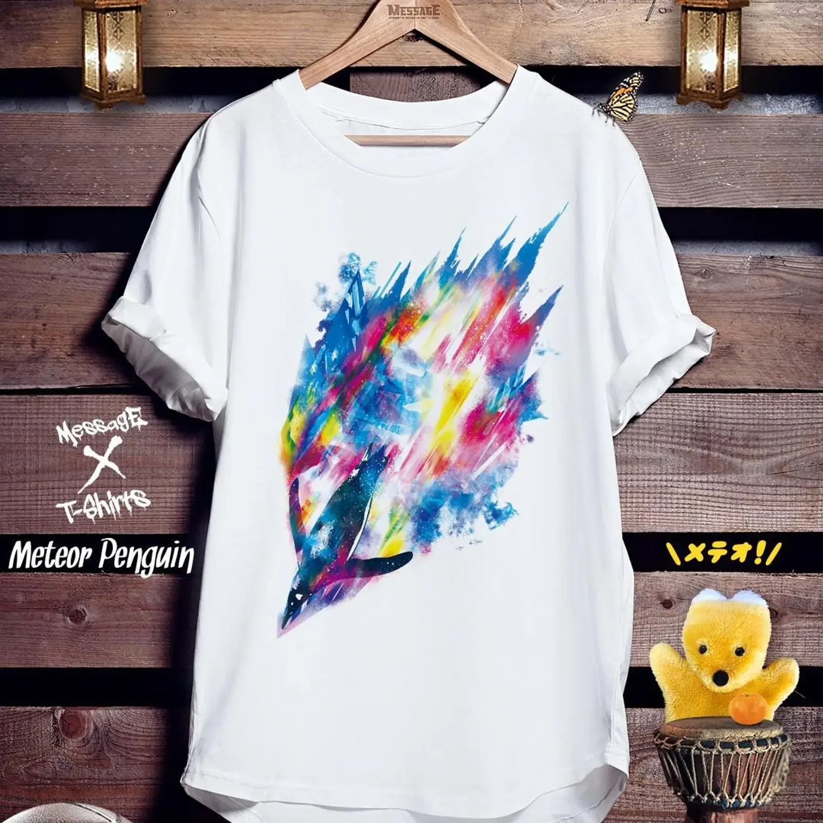 Animal Art T Shirt Meteor Penguin Colorful Feather Watercolor Abstract Rainbow Plume vintage Washed streetwear graphic homme