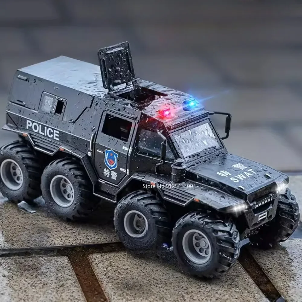 

1:24 Conqueror 8x8 Police Car Model Toy Alloy Diecast Doors Opened Sound Light Shock Absorption Off-road Models Gifts for Boys