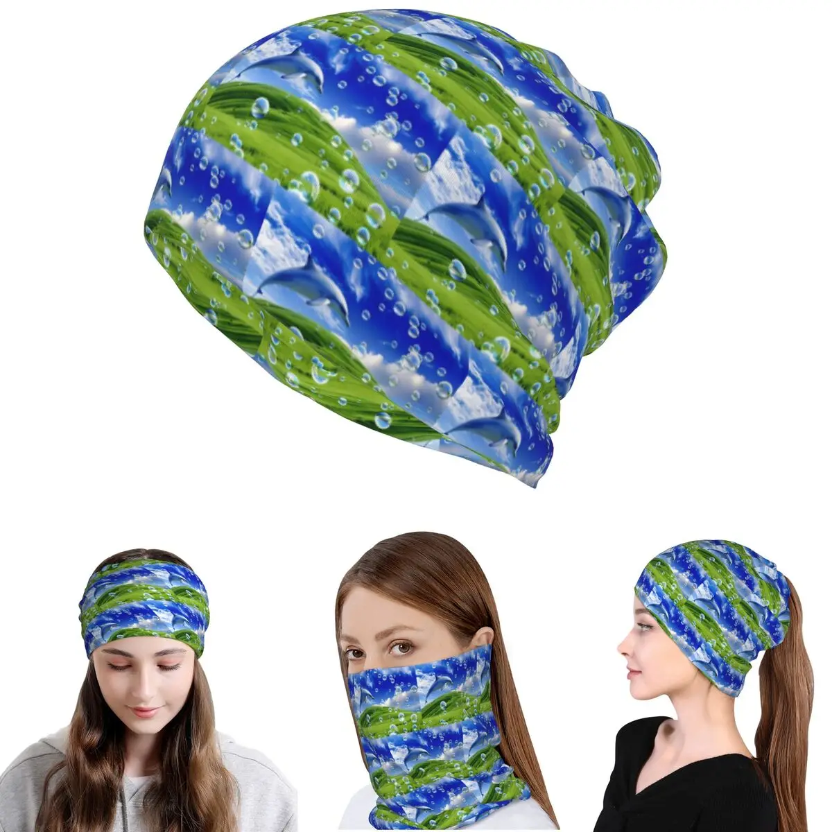 Frutiger Aero Dolphin Meadow With Bubbles And Mountains And Sky Bandana Neck Cover Wrap Mask Scarf Headwear Beanies Hat