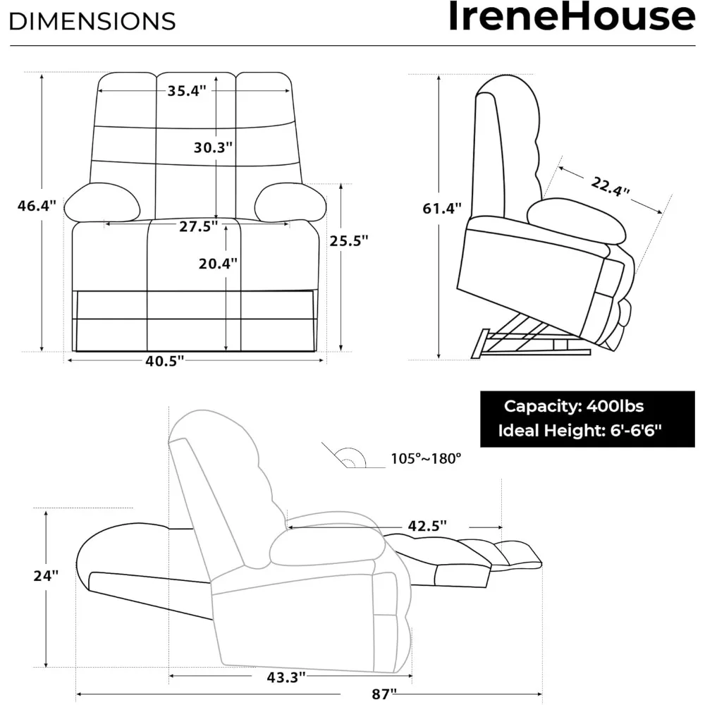 Big Tall Man Power Lay Flat Lift Recliner Extra Large Oversized Wide Heat Massage Dual Motor Up to 400 LBS Electric Chairs Bed