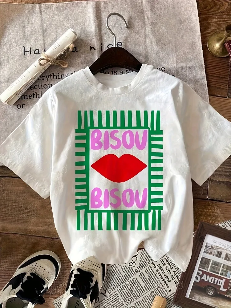 Women's Casual Short-Sleeve T-Shirt Summer Top BISOU BISOU Bold Lip Print and Striped Pattern Everyday Wear Striped Design