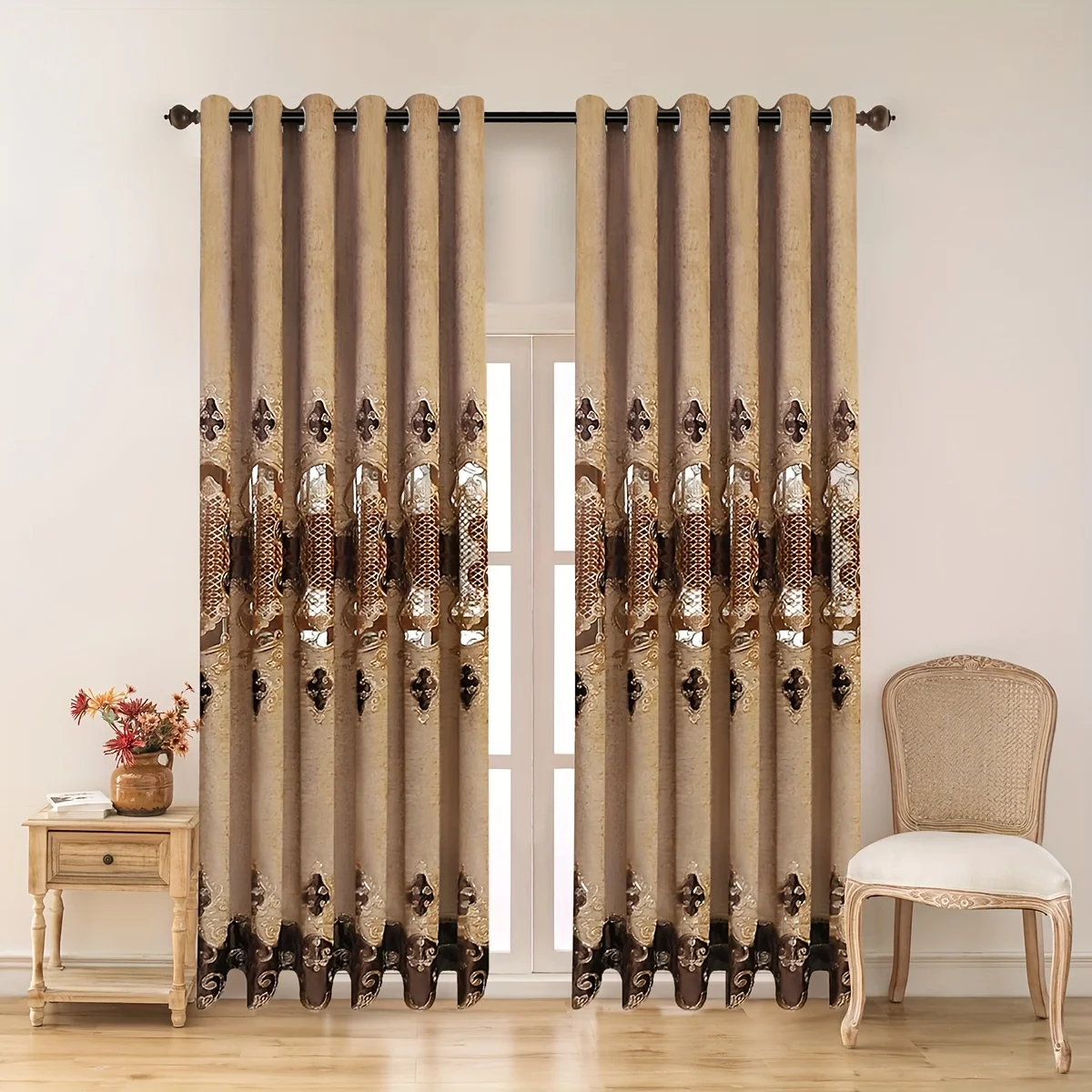 Luxurious Chenille Embroidered Curtain, High-End Hollow Out Design, Transparent Window Shade, Sunshade for Living Room Bedroom B