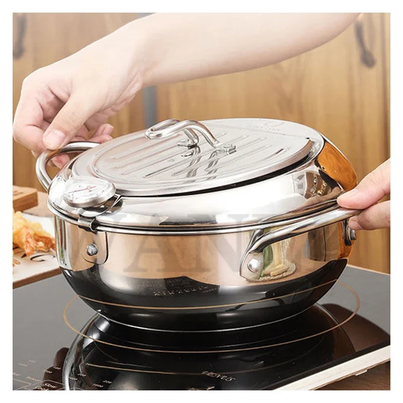 Household Mini Induction Cooker Stainless Steel Tempura Frying Pan Temperature Control Fried Chicken Frying Pan Kitchen Tool