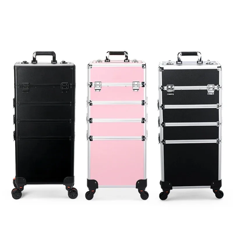 Rolling Makeup Train Case Large Capacity  Trolley, 4 in 1 Aluminum Professional Salon Travel Case with Key Swivel Wheels