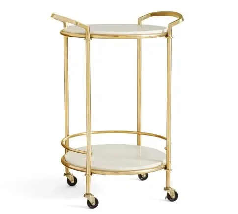 modern  luxury metal frame marble top trolley rolling bar cart with gold wheels