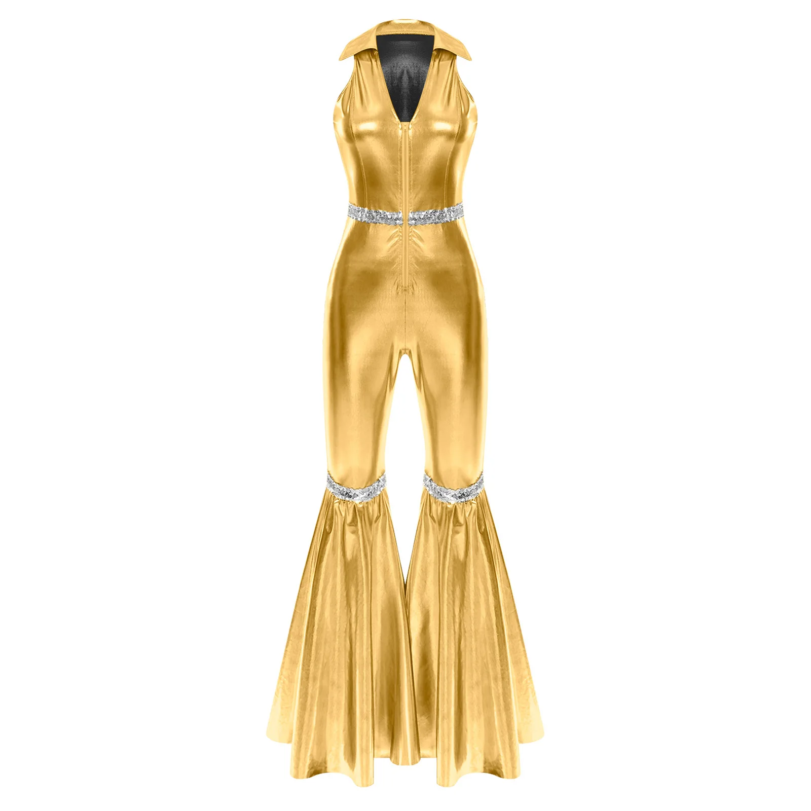 

Женский стильный комбинезон в стиле ретро 70-х годов в стиле диско с лацканами и v-образным вырезом, без рукавов, на молнии спереди, с блестками, длинные брюки, комбинезон для джазовых танцев