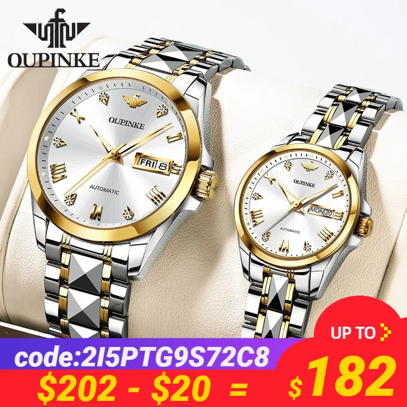 Original OUPINKE Automatic Watch for Couple Japan Movement Sapphire Crystal Tungsten Steel Strap His or Hers Watch Set Gift