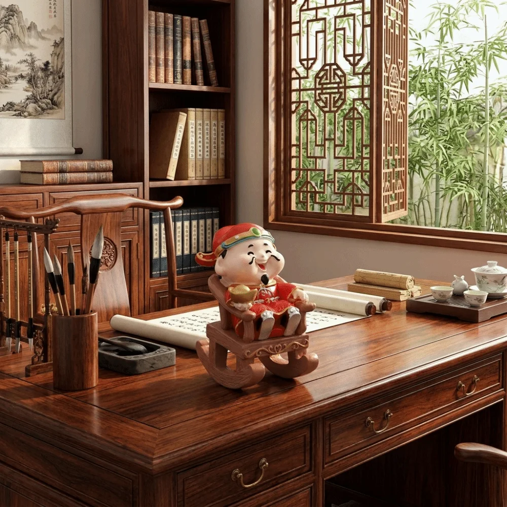 Resin God of Wealth Ornament Blessing Design Rotating Caishen Sculpture Fortune Theme Best Wishes