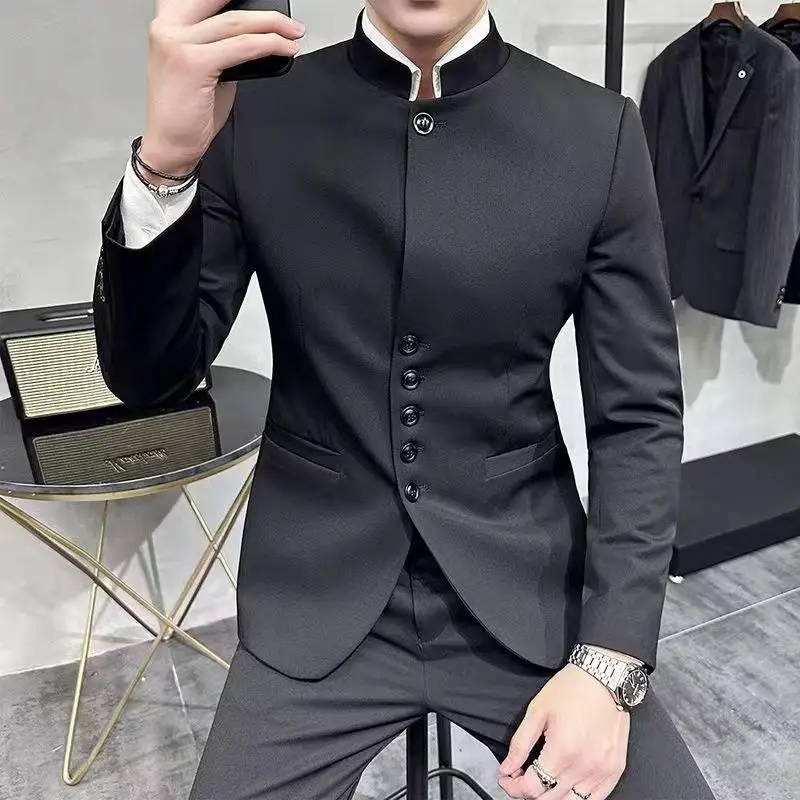 

2-A17 New Chinese style suit men's jacket, high-end, handsome, stand-up collar suuy casual, high-end collarless youth tunic s