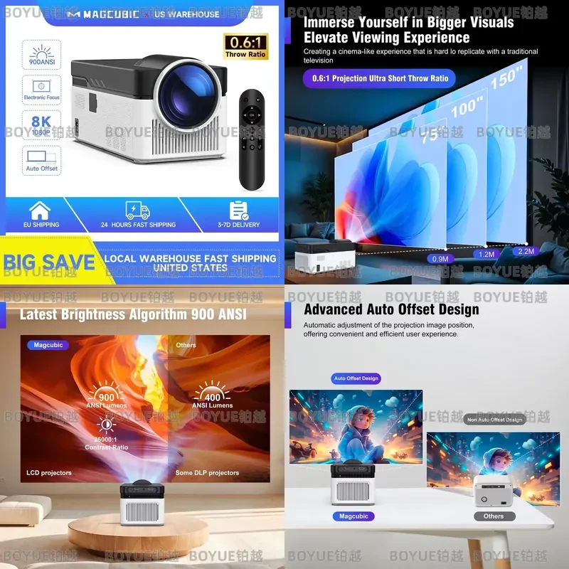 Ultra Short Throw Projector 900 ANSI Lumens 8K Support 1080P Bluetooth Auto Focus Electronic Offset Voice Control Home