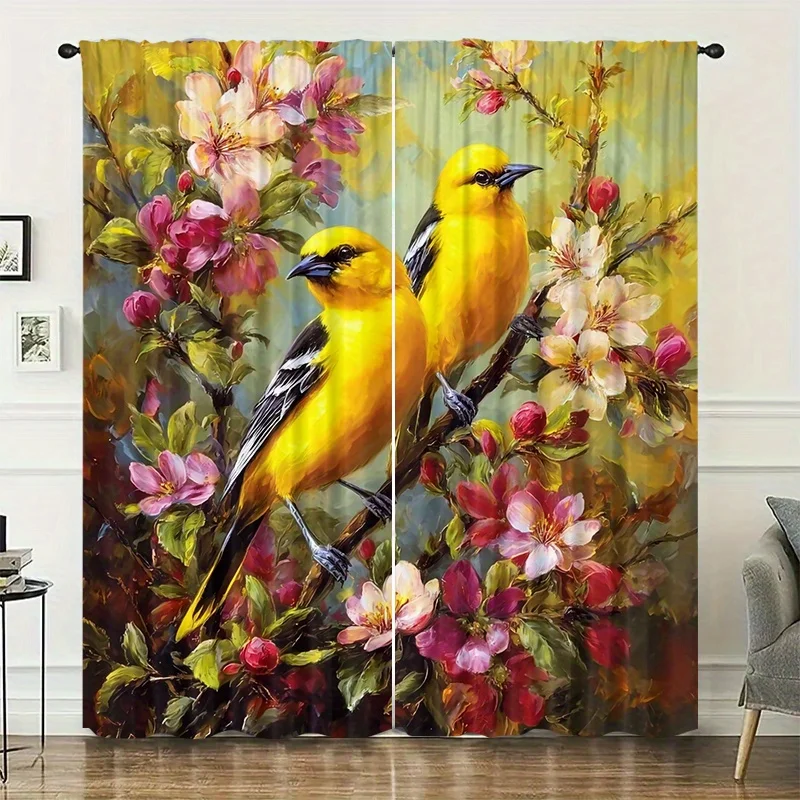 Yellow bird-print curtains made of branches, installed using pocket rods, suitable for bedrooms, living rooms, and decoration.