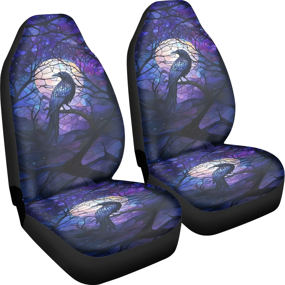 2pcs Stained Glass Raven Print Car Seat Covers, For Women And For Man, Universal Auto Front Seats Protector Fits For Car, SUV Se