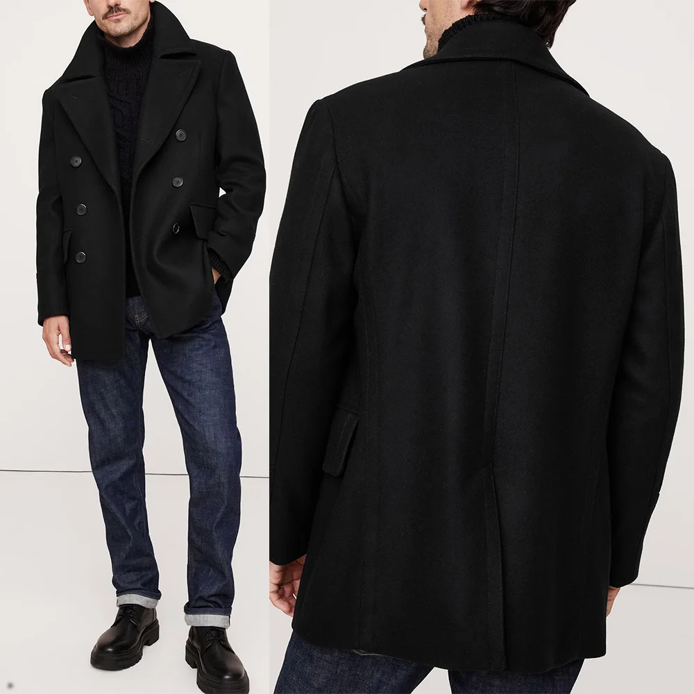 Black Men's Winter Wool Blend Overcoat Double Breasted Plus Size Short Blazer Jacket Big Lapel Customized Formal Casual Coat