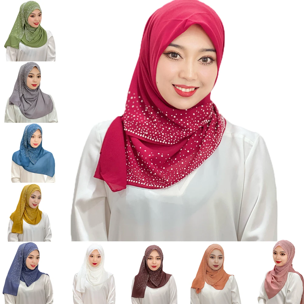 

Malaysia Chiffon Square Scarf Women Muslim Hijab Pearls Diamonds Headscarf Islamic Stoles Shawl Wrap Female Kerchief 100*100cm