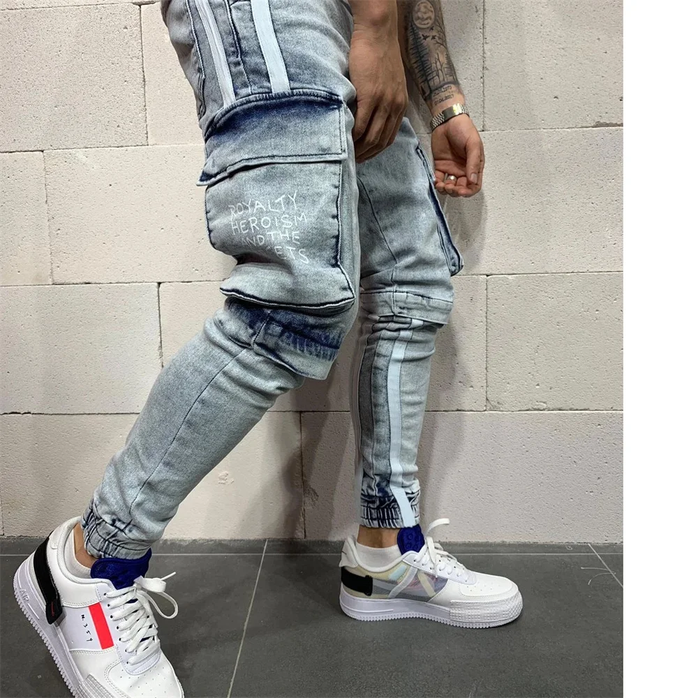 Nowe męskie jeansy streetwearowe z elastanem, casualowe męskie spodnie wysokiej klasy w jednolitym kolorze, dopasowane, obcisłe, modne spodnie sportowe do joggingu, spodnie Harajuku.