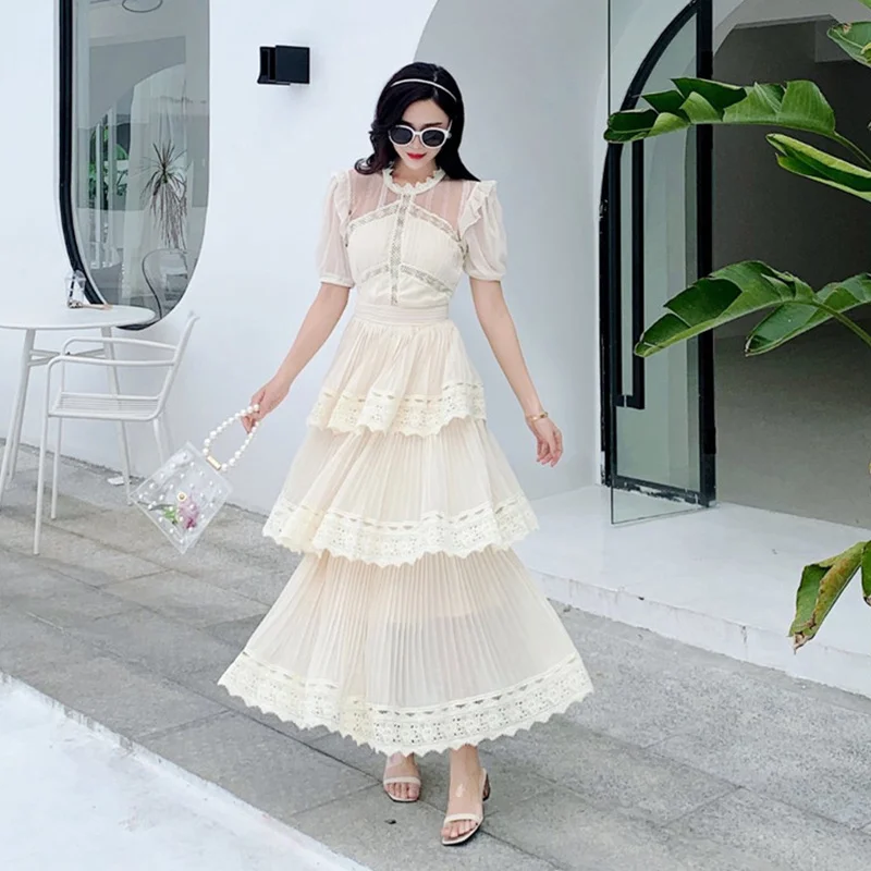 JSXDHK Runway New Spring Beige Holiday Maxi Dress Elegant Women Lace Patchwork Chiffon Ruffles Short Sleeve Pleated Long Vestido