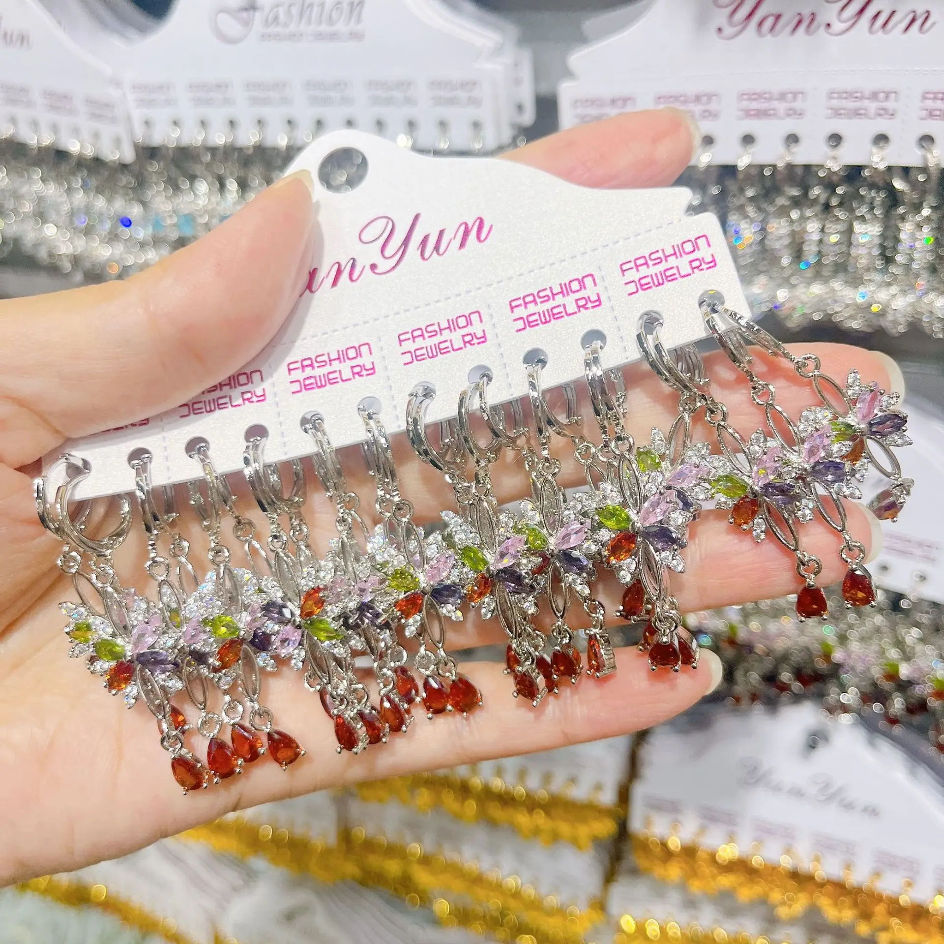 12 Pairs White K Color Butterfly Ear Buckles Women Tassel Earrings White Colorful Zircon Drop Earrings Fashion Jewelry Gift