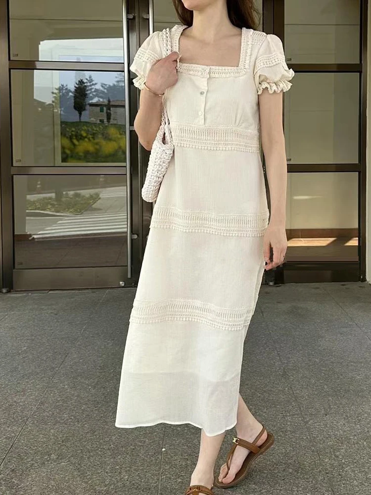 Ele Long Dr pour femmes avec Bubble Sves dentelle épissage gland Design Vintage col carré fée jupe coréenne Sle