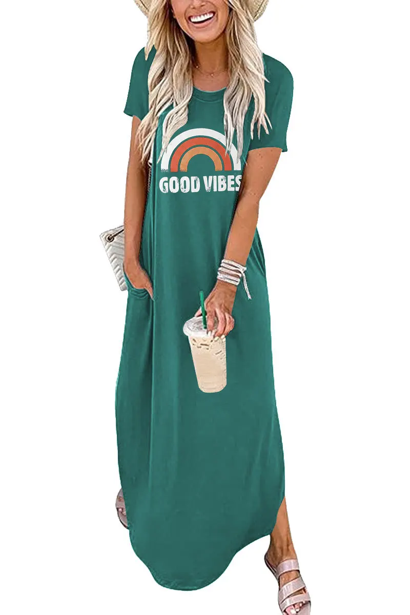 New Summer Women's Loose Dress Good Vibes Rainbow Beach Stretch Sports Casual Pocket Print Long Skirt