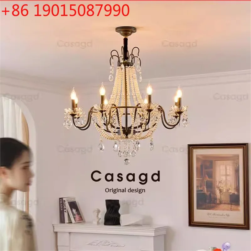 

Full copper living room chandelier French light luxury villa crystal retro bedroom pearl necklace lamp