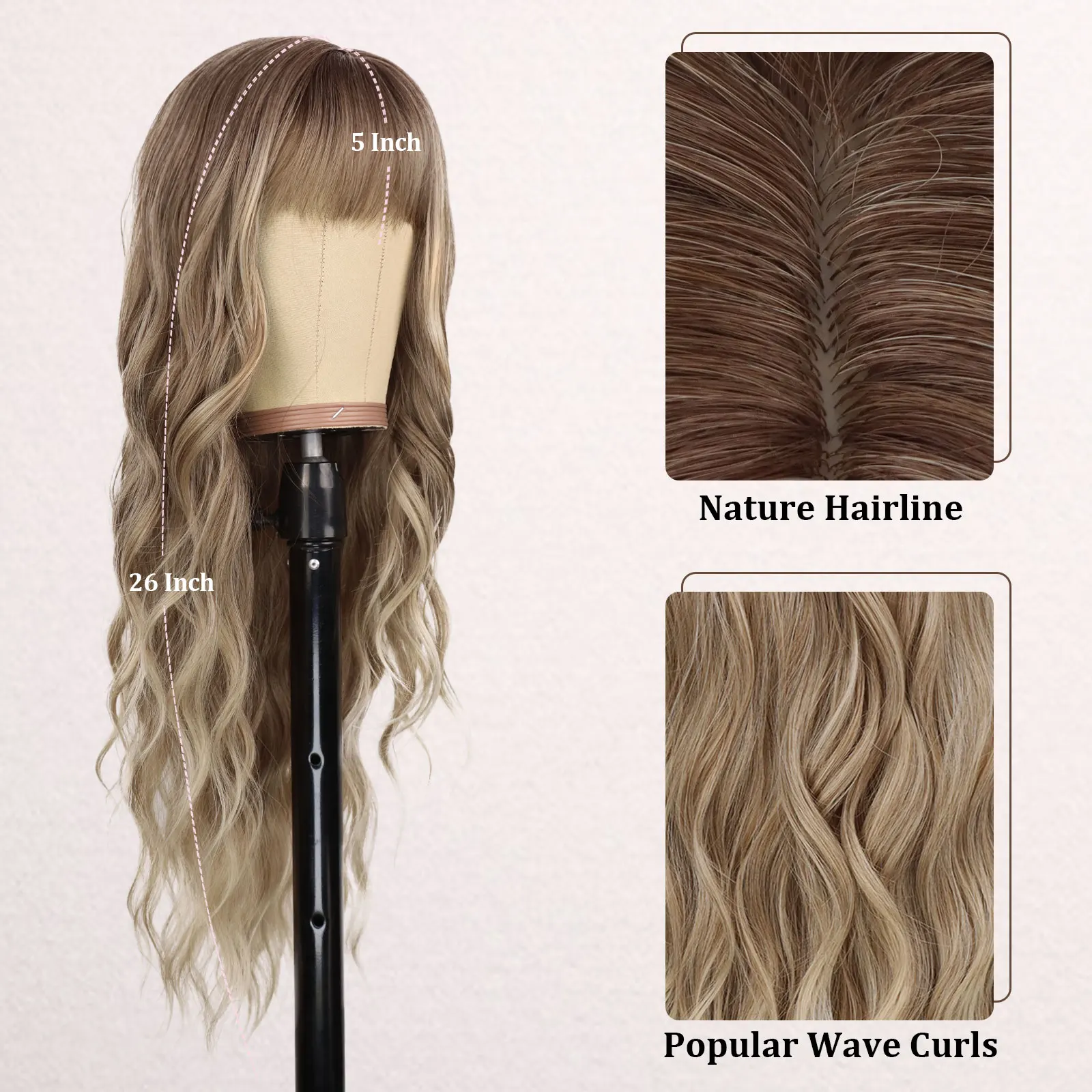 Syntetyczne luźne peruka Body Wave z grzywką dla kobiet color peruka z długimi kręconymi włosami naturalny wygląd peruki Cosplay na codzienną imprezę