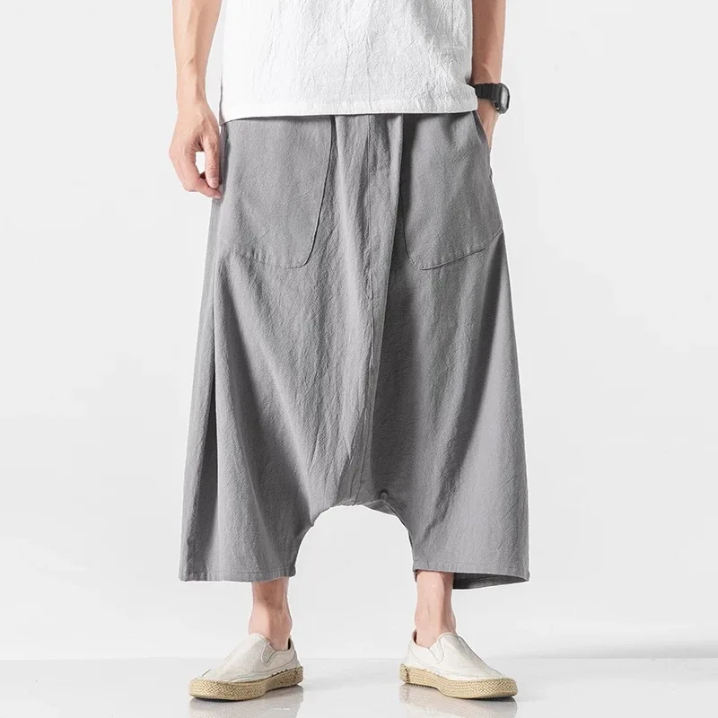 Men Oversize M-5XL Loose Joggers Wide Leg Pants Male Yoga Drop Crotch Trousers Hip Hop Cotton Linen Baggy Casual Harem Pants