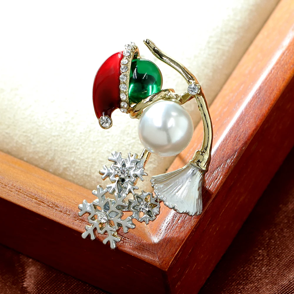 CINDY XIANG Snowman Wearing A Christmas Hat Riding A Broom Brooch Pearl Pin Alloy Material Cartoon Jewelry