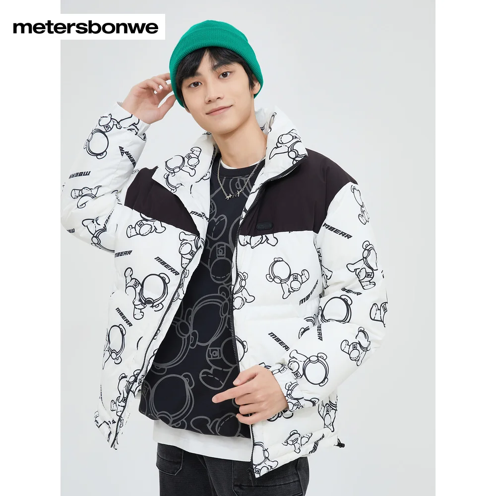 Metersbonwe-Men's Stand Collar Down Jackets, Loose Casual Thick Fashion Printed Over Warm Wear, Contrasting Colors, Winter, New