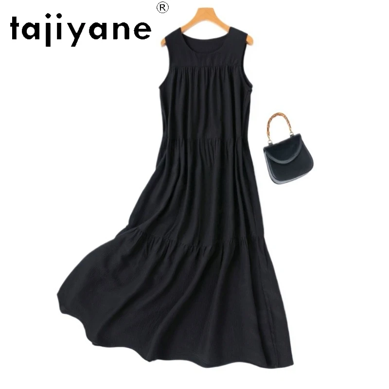

TAJIYANE 100% Real Mulberry Silk Dresses 2025 Woman Summer Black Tank Dress Elegant Long Dresses Ladies Clothes платье женское
