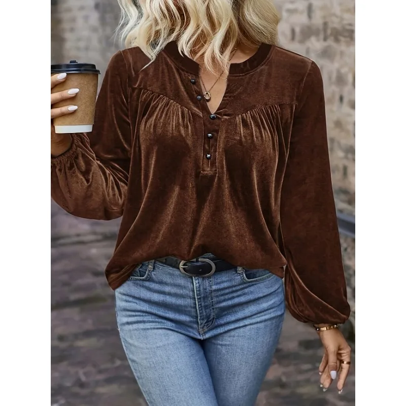 Plus Size 1XL-5XL Camicetta con maniche a lanterna con bottoni a V in tinta unita alla moda da donna Camicia a maniche lunghe comoda e casual allentata