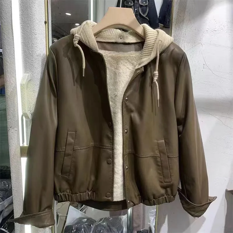 

Fleece Lined Inner Hooded Leather Jacket Women's Short Style Autumn Winter New Fashion Casual Women Top